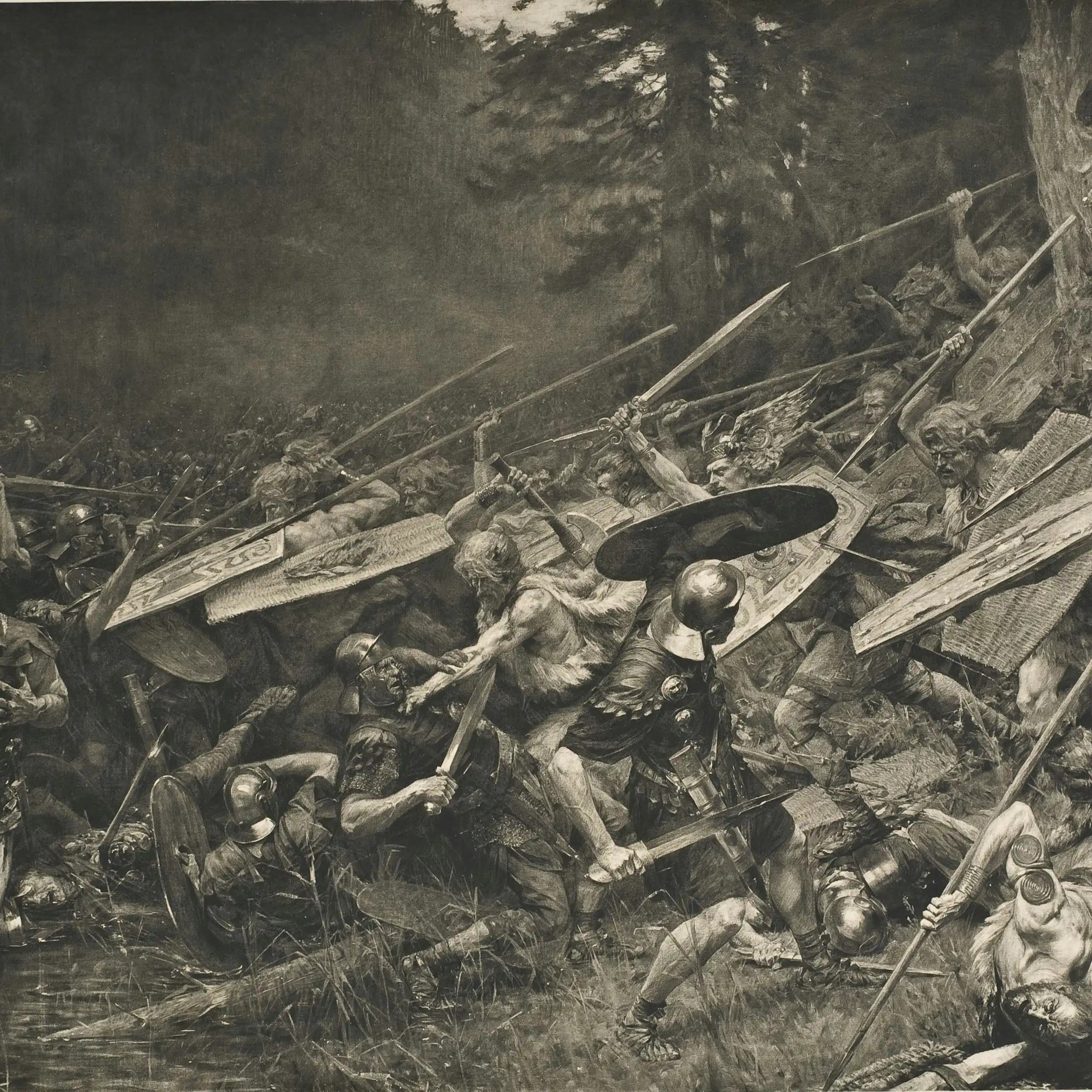 Huile sur toile monumentale de 24 mètres carrés décrivant la bataille au corps à corps.