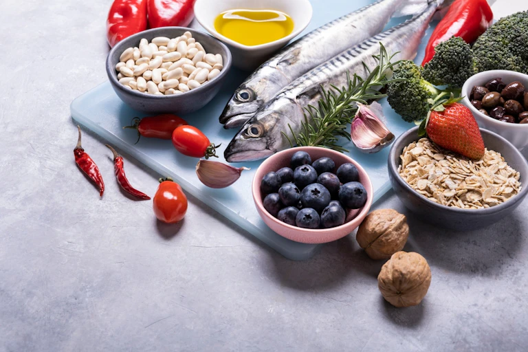 Healthy food on a grey background.
