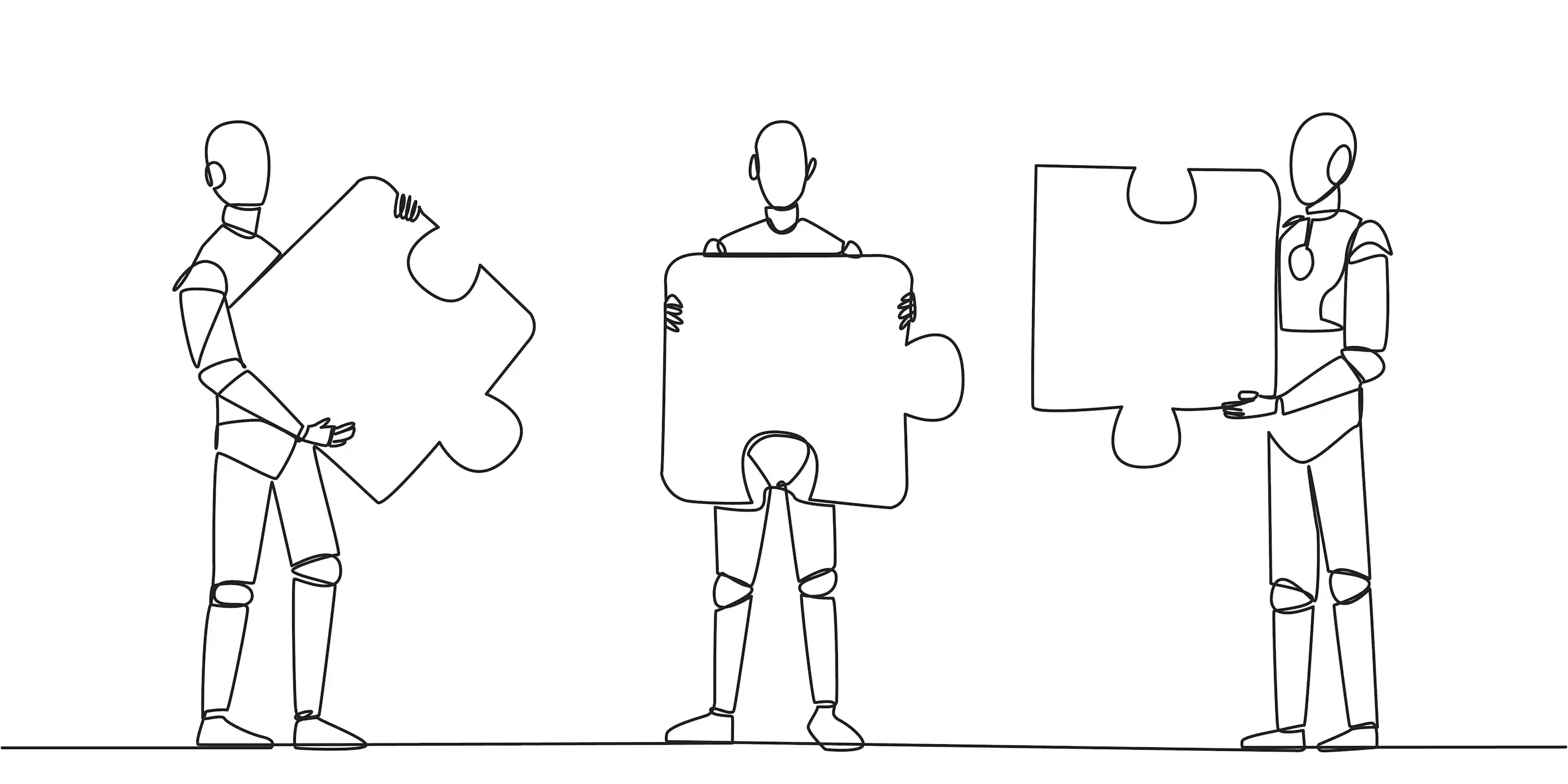 Trois robots assemblant un puzzle géant.