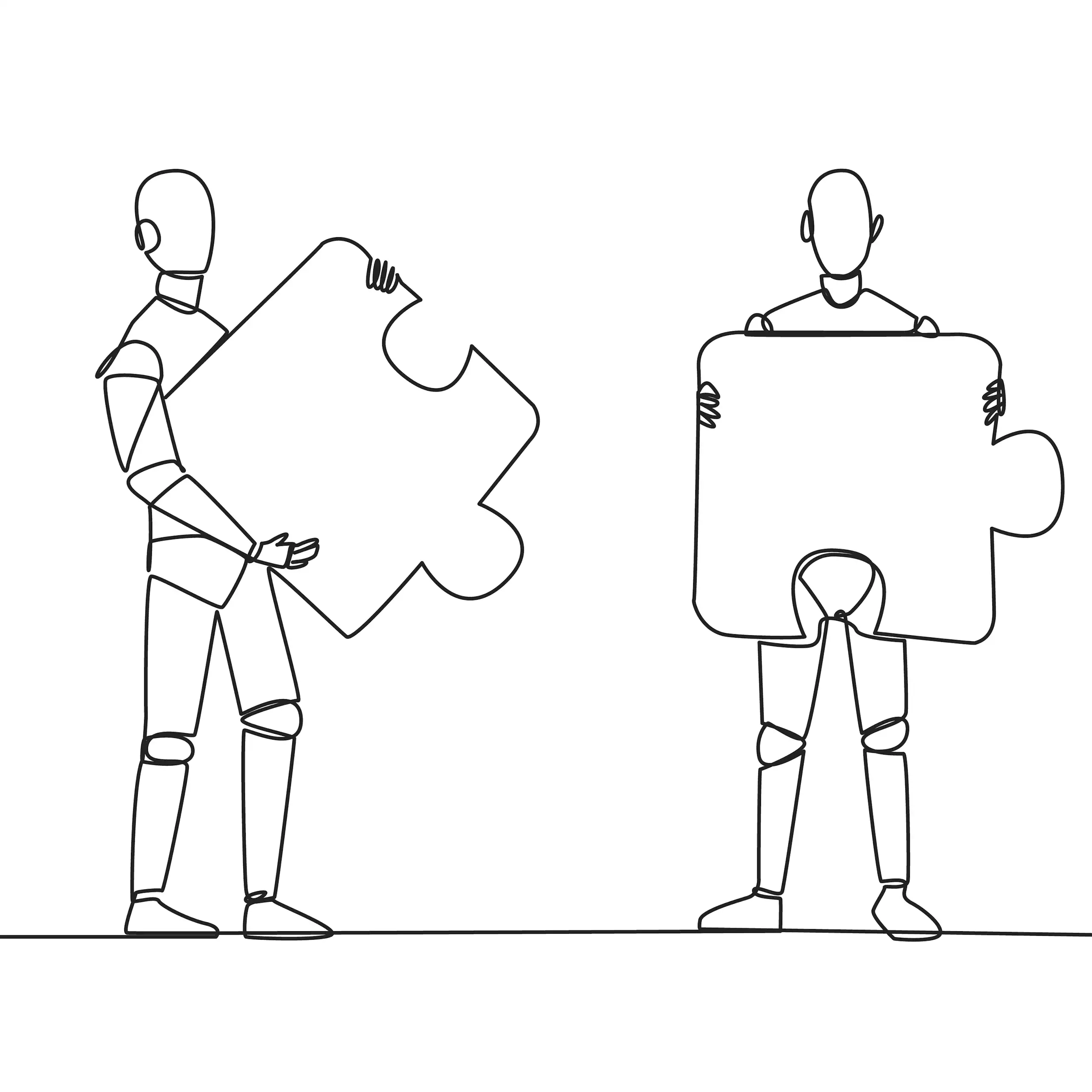 Trois robots assemblant un puzzle géant.