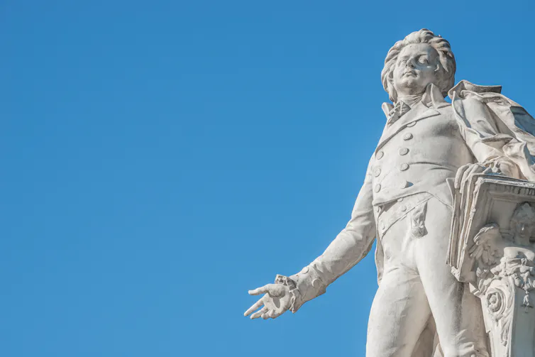 Warm sunset over Mozart monument in front of Palmenhaus, near Neue Burg and Hofburg Palaces garden, in historical downtown of Vienna.