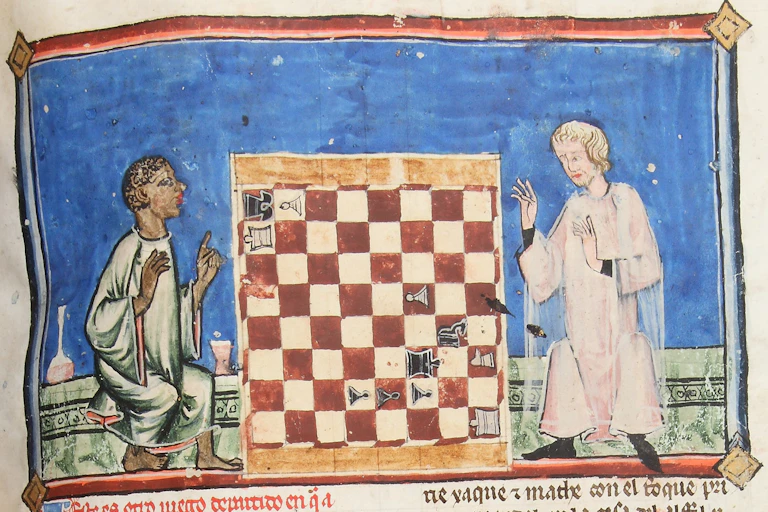 An illustration from the Libro de Axedrez showing two players, one white and one black, playing chess.