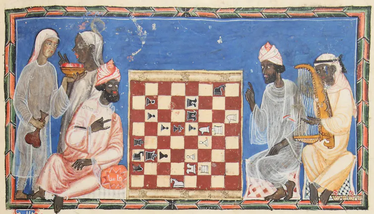 Plusieurs personnages noirs entourant l’échiquier