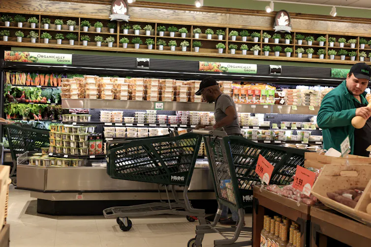 A person pushes a cart through a grocery store.