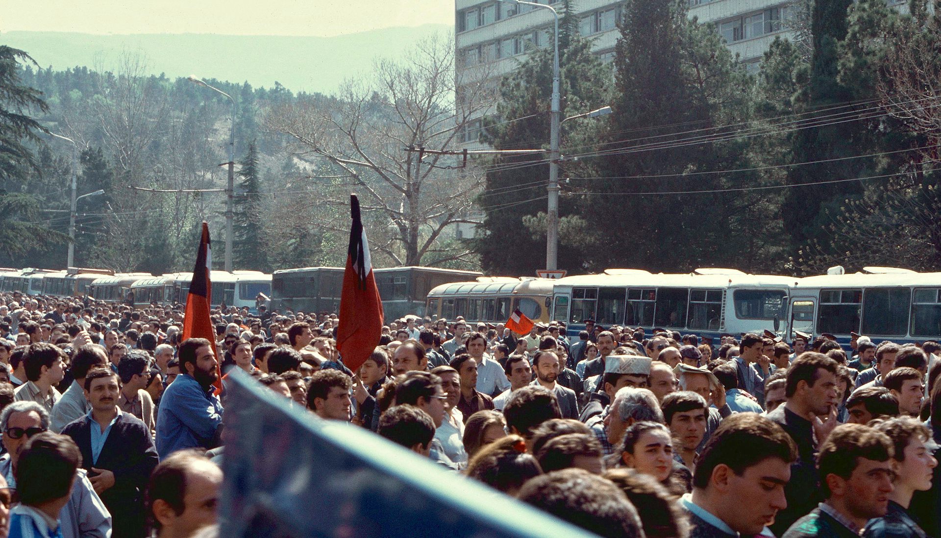Protestors in a street in the 1990s.