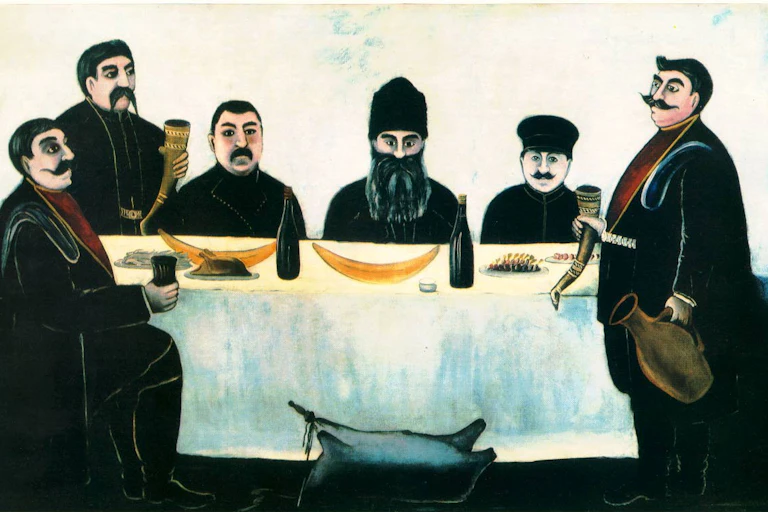 An oil painting of a festive table at which are sat several mustachioed men.