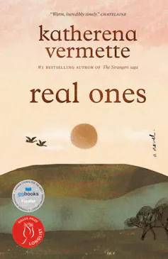 Book cover with the title Real Ones shows illustration of a sun and birds over a green landscape.