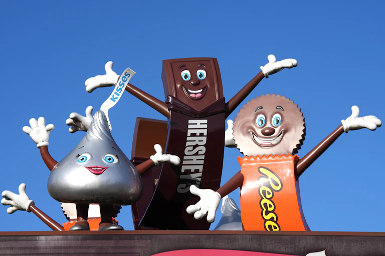 Statues of a smiling and waving Hershey's Kiss, Hershey's Chocolate Bar and Reese's Peanut Butter Cup