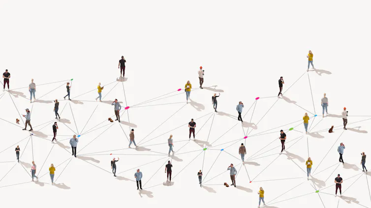 Aerial view of crowd people connected by lines