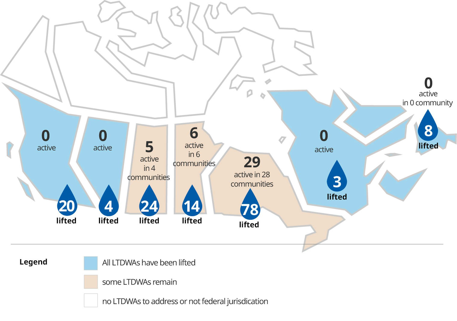 Mapa de Canadá que muestra las ubicaciones de las advertencias de agua actuales y discontinuadas