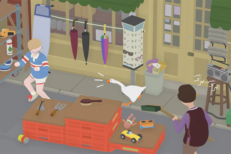 A screenshot from a video game shows a goose honking at a figure. Another figure holding a broom faces it defensively.