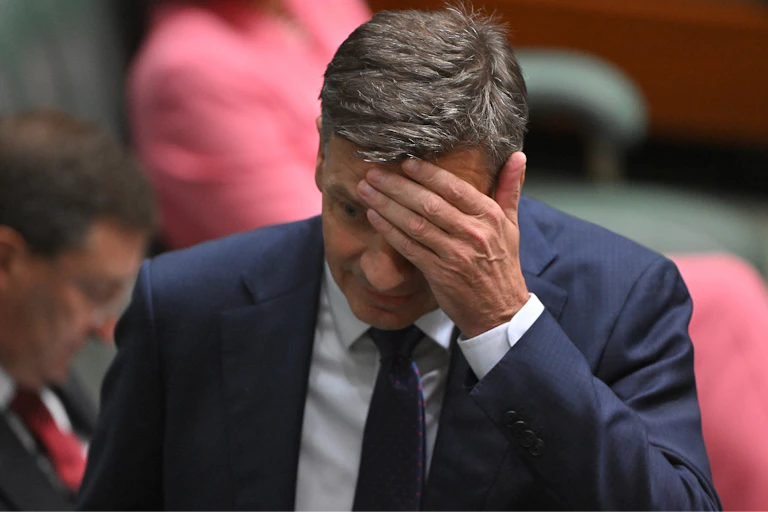 Angus Taylor holds his forehead in his hand with a worried expression on his face