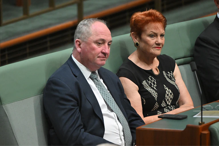 Barnaby Joyce and Pauline Hanson sit side-by-side in the Senate.
