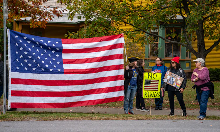 Four protesters, some in costumes, stand next to a huge American flag.
