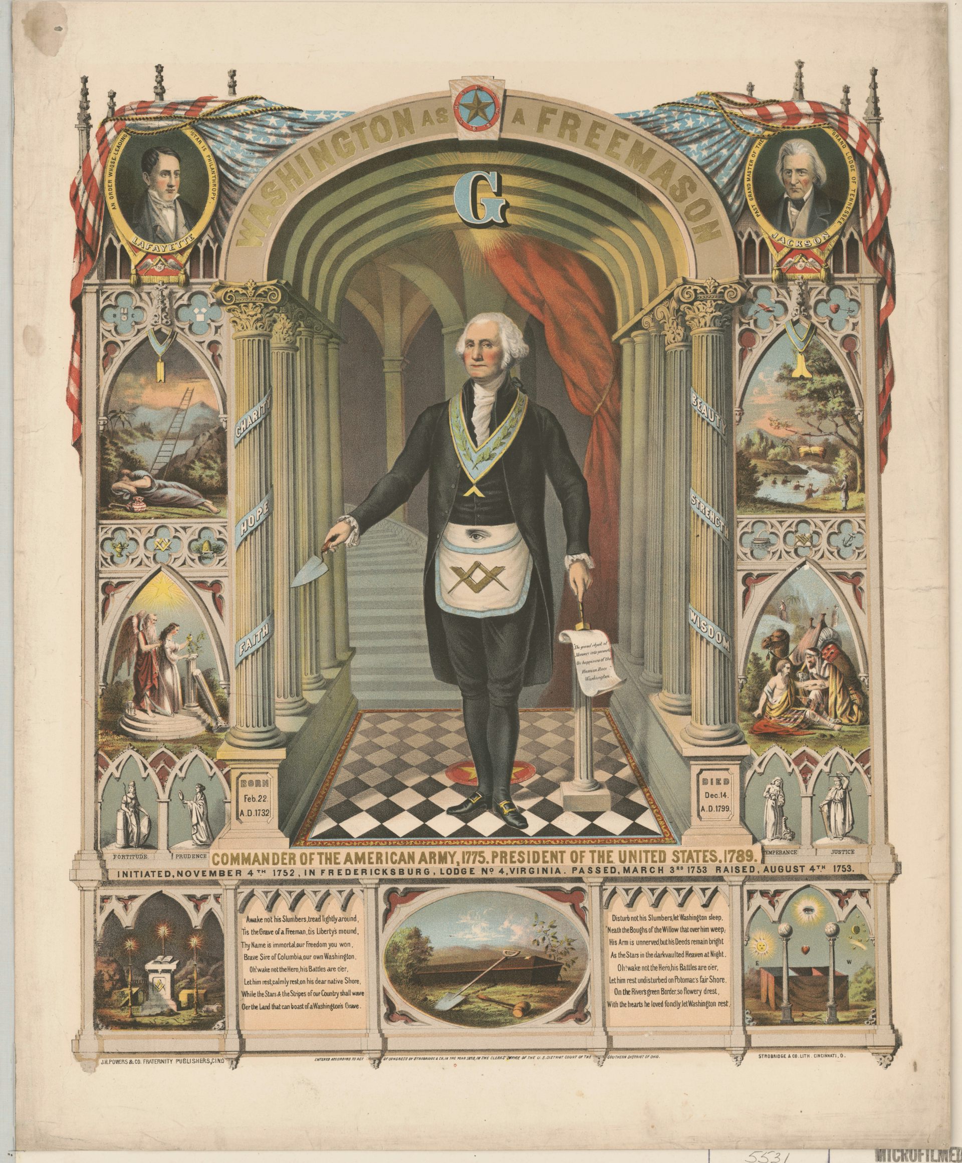 Illustration of man with white hair and rosy cheeks in suit with sash standing on checkerboard floor in hall lined with columns