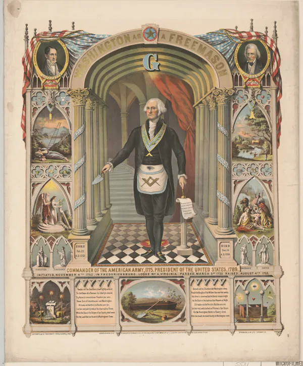 Illustration of man with white hair and rosy cheeks in suit with sash standing on checkerboard floor in hall lined with columns