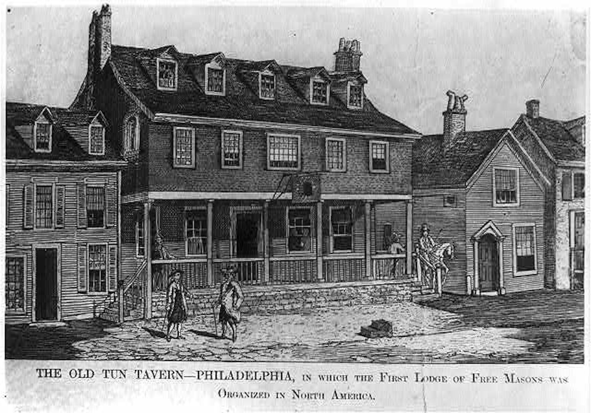 Black and white depiction of a large house with smaller houses adjacent to it