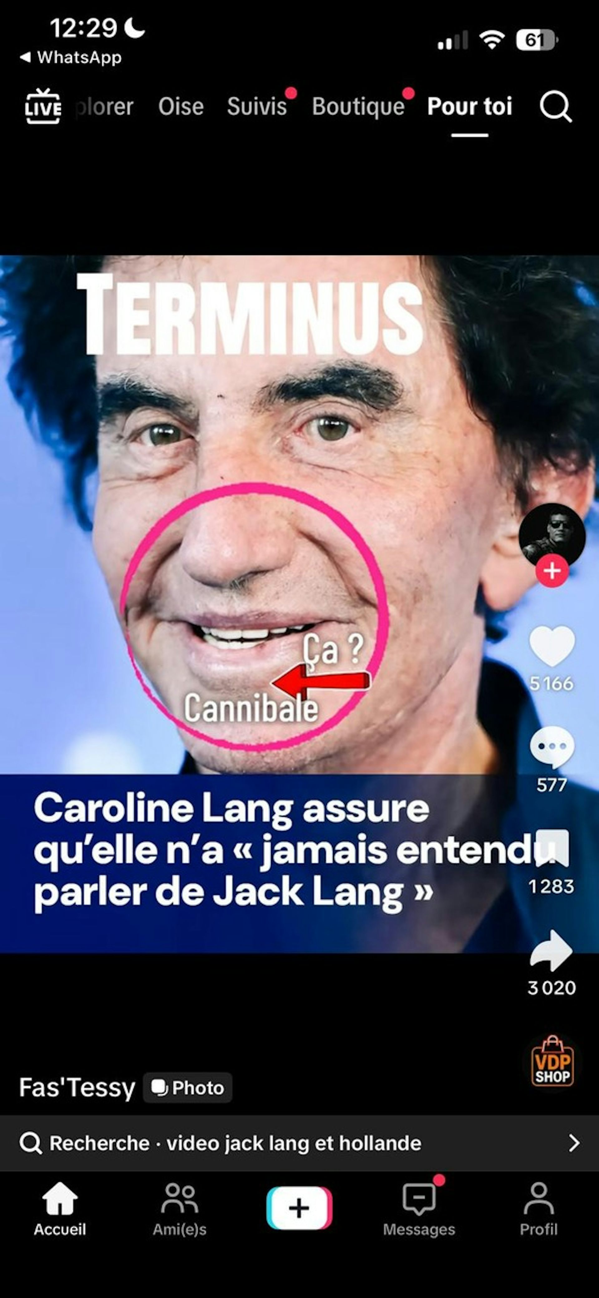 Jack Lang : capture réalisée le 11 mars 2026, issue d’une publication TikTok du compte Fas’Tessy. Le visuel reprend le titre d’un article satirique du Gorafi : « Caroline Lang assure qu’elle n’a jamais entendu parler de Jack Lang »