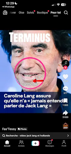 Jack Lang : capture réalisée le 11 mars 2026, issue d’une publication TikTok du compte Fas’Tessy. Le visuel reprend le titre d’un article satirique du Gorafi : « Caroline Lang assure qu’elle n’a jamais entendu parler de Jack Lang »