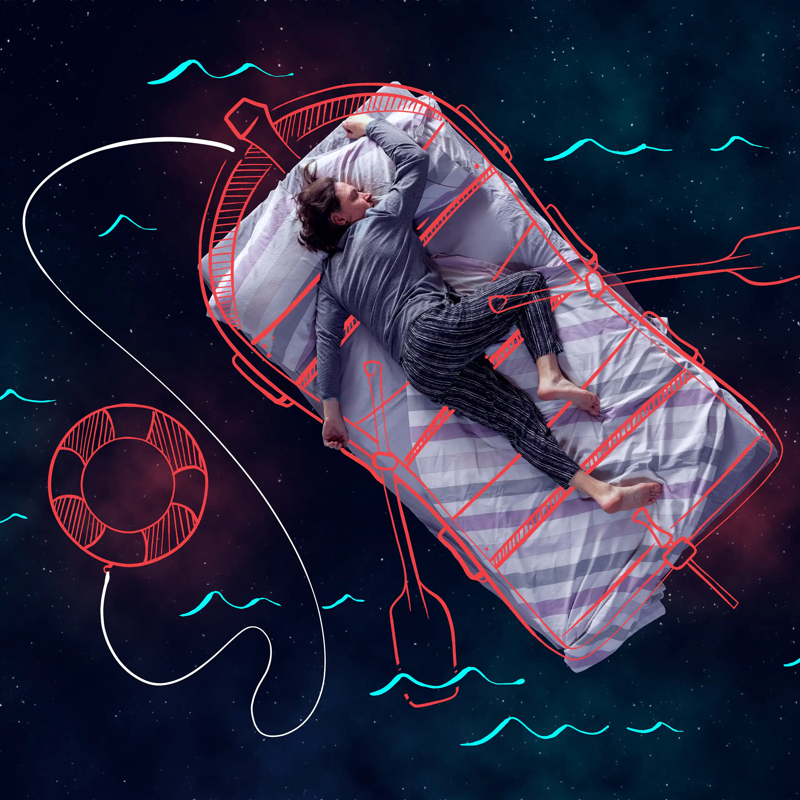 Una persona durmiendo vista desde arriba con dibujos que convierten la cama en un barco