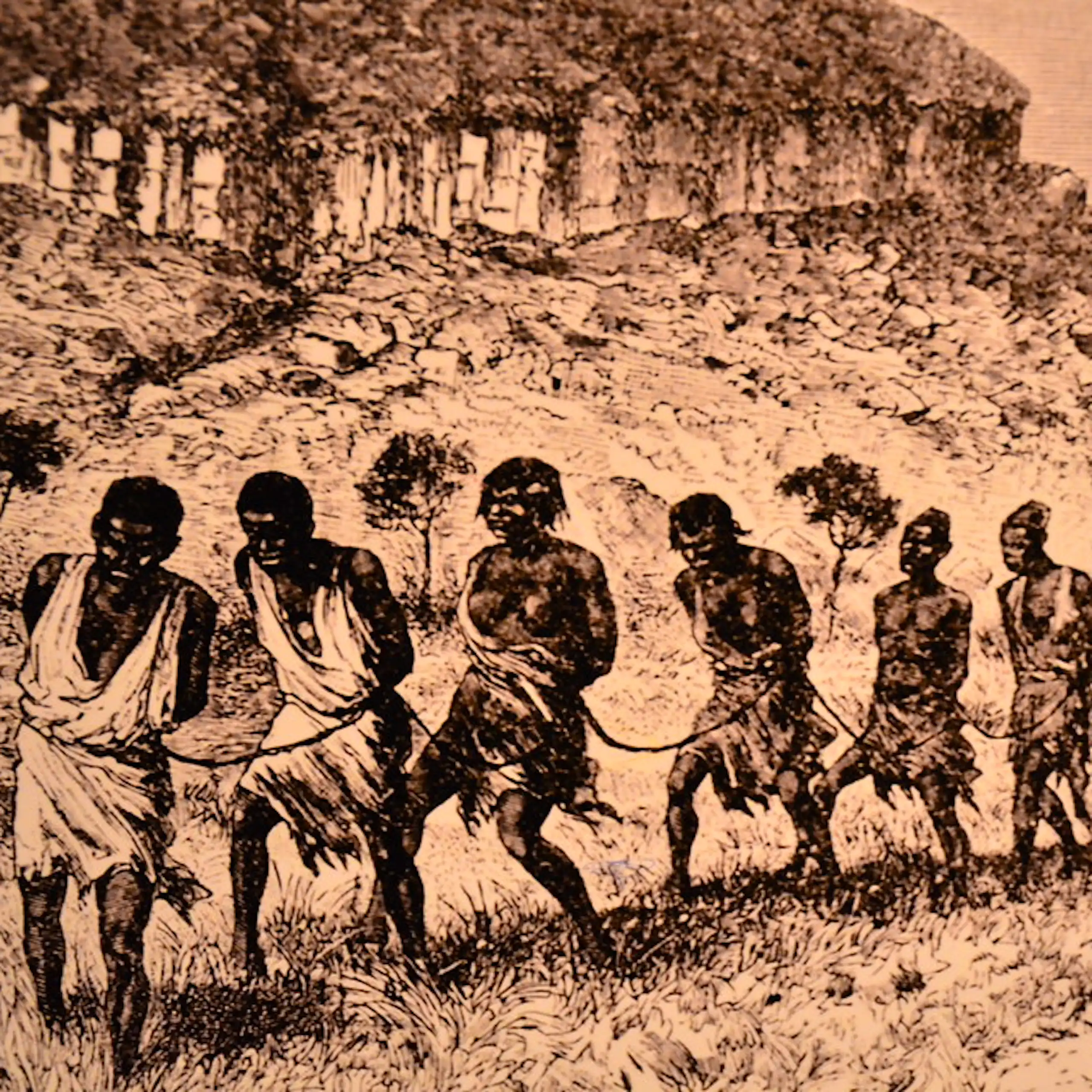 Old illustration of people walking in a line, bound to each other and with their hands behind their backs