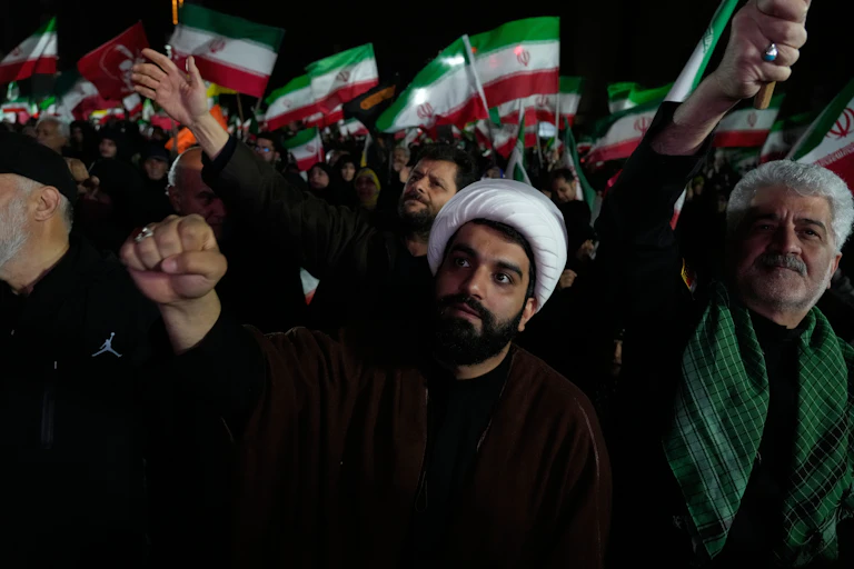 Male protesters in front of several green white and red flags raise their fists.