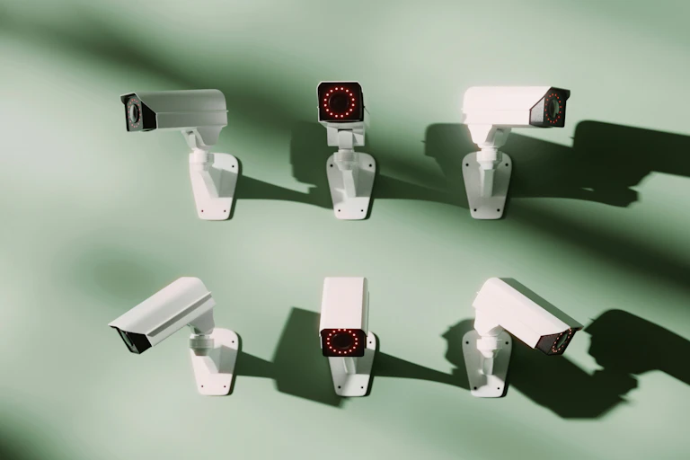 Six caméras de surveillance sur un mur.