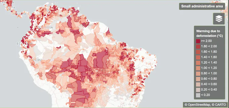 An illustration showing temperature rises in South America based on data collated by the researchers.