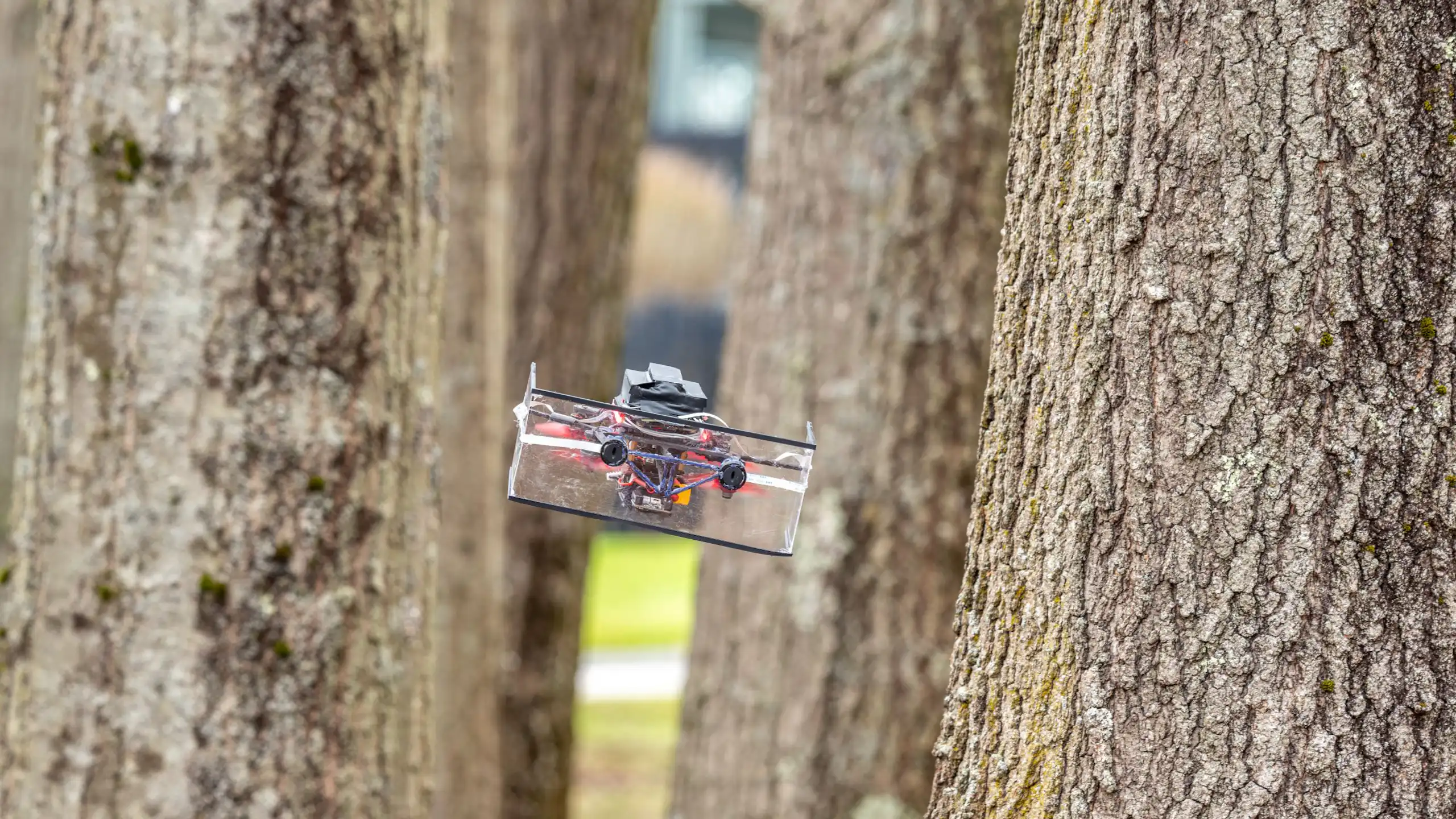 a small boxy drone in a grove of trees