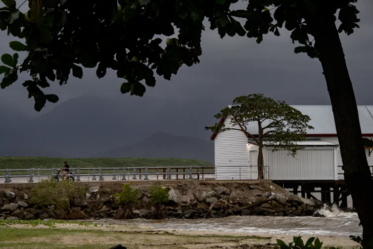Storm clouds over the coast and mountains.