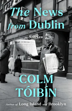A book cover showing a black and white photograph of young boy in the 1950s selling newspapers.