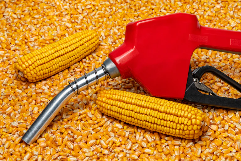 A red fuel nozzle surrounded by corn cobs and corn kernels.