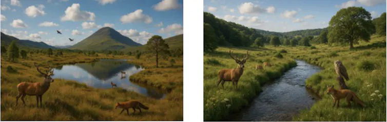 Two AI-generated images of rewilded landscapes