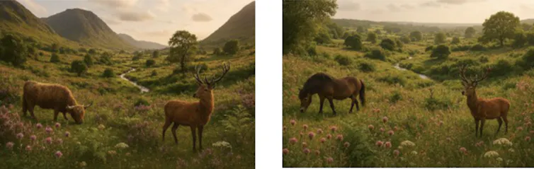 Two AI-generated images of rewilded landscapes