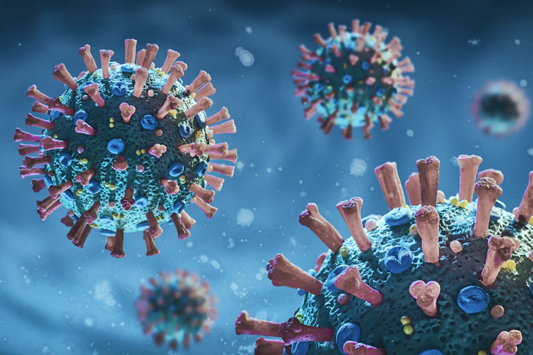 Microscopic 3D model of SARS-CoV-2, the coronavirus that causes COVID-19.