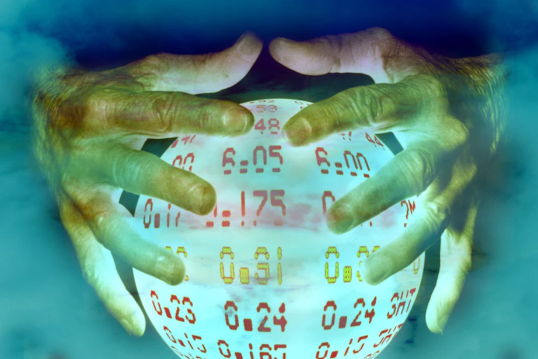 Hands hover over a crystal ball depicting digital share prices.
