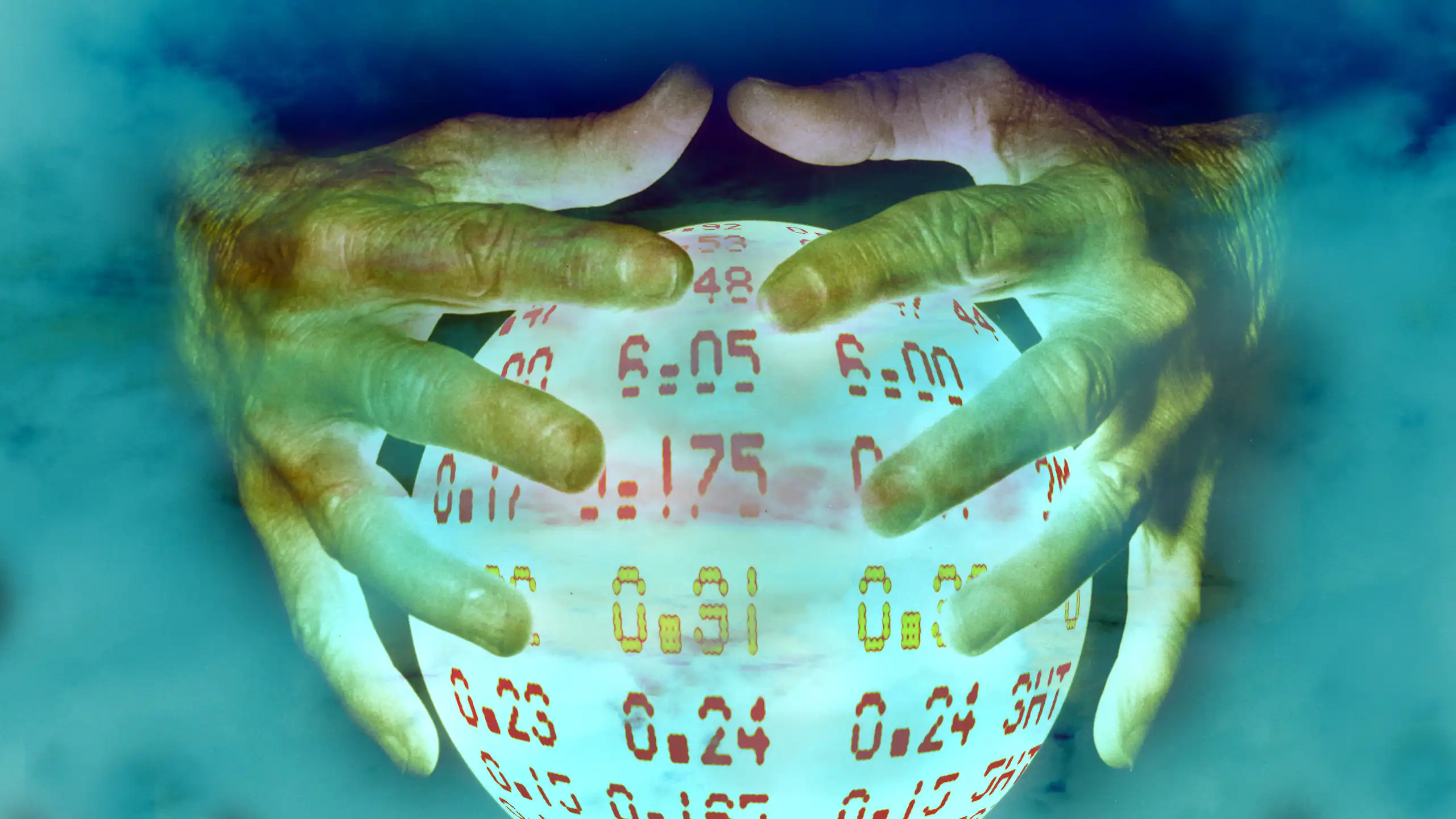 Hands hover over a crystal ball depicting digital share prices.