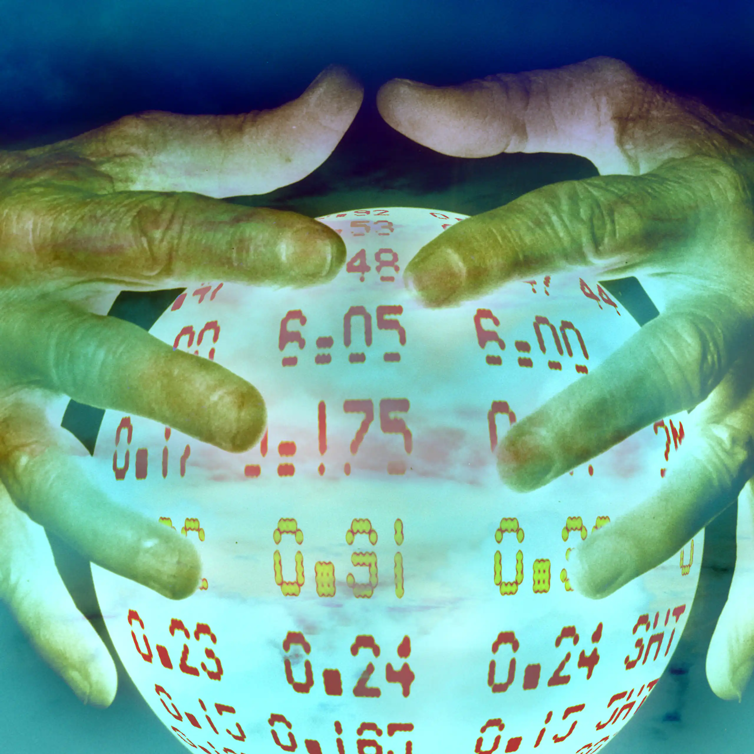 Hands hover over a crystal ball depicting digital share prices.