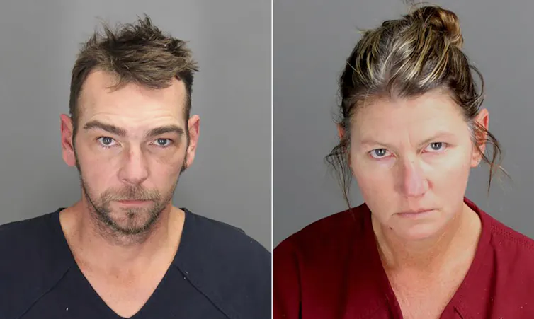 Split screen of a man and a woman dressed in prison clothes.