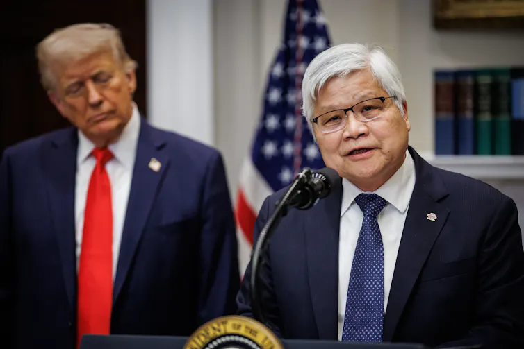 Che-Chia Wei speaks durinh a press conference at the White House alongside Donald Trump.