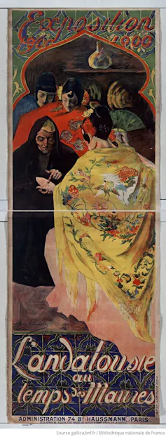 Cartel de una exposición en el que se ve a una mujer vestida de flamenca y a otra leyéndole la mano.