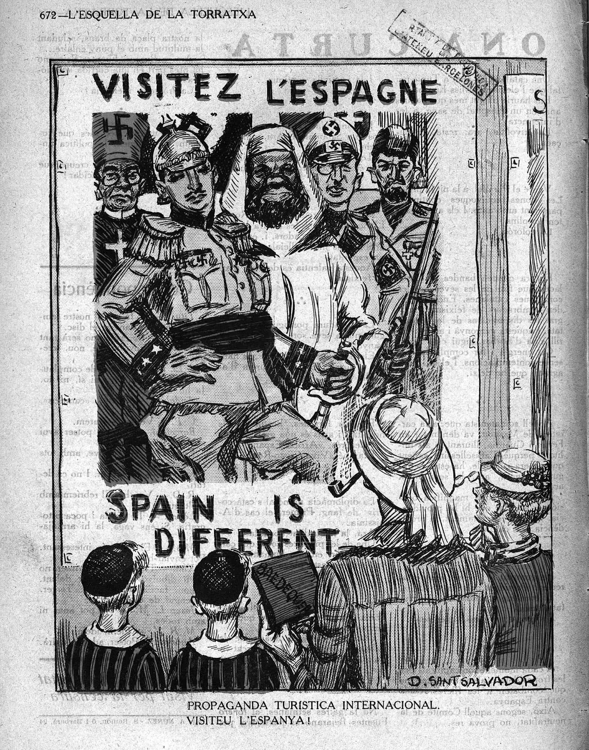 A poster on which Franco was mocked in front of a family of tourists.