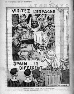 Cartel en el que se ridiculiza a Franco frente a una familia de turistas.