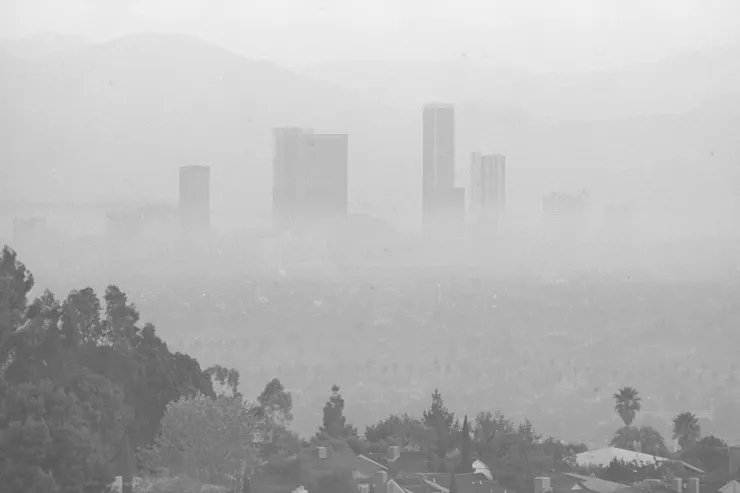 A view of downtown LA through smog