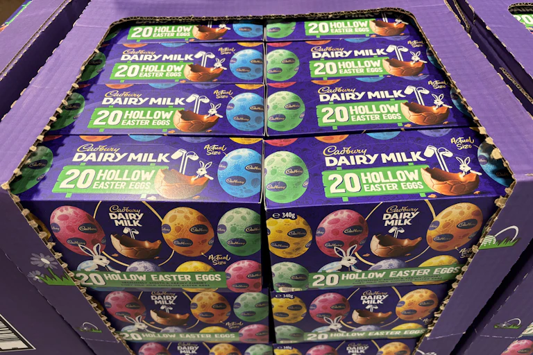 A carton of boxes of Easter eggs