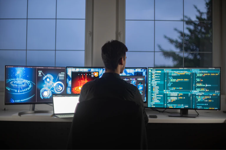A person in front of several computer screens