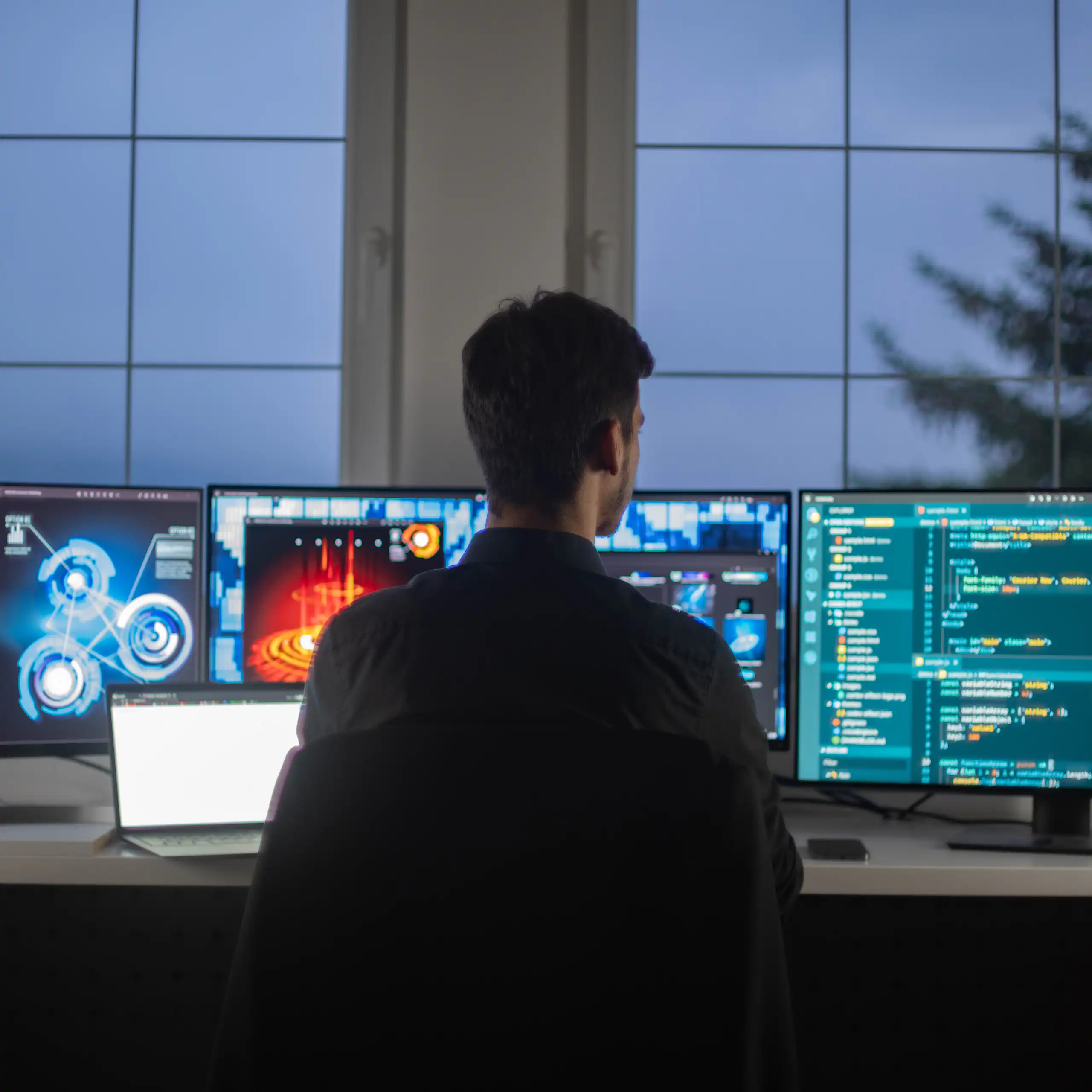 A person in front of several computer screens