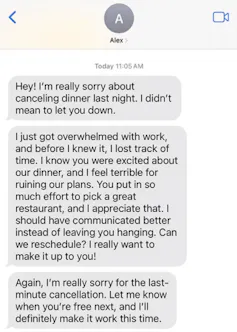 A text message presenting an apology generated by AI.