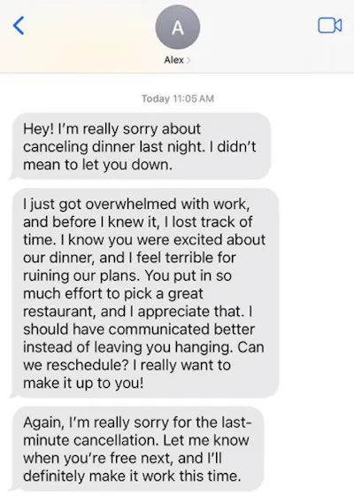 A text message presenting an apology generated by AI.