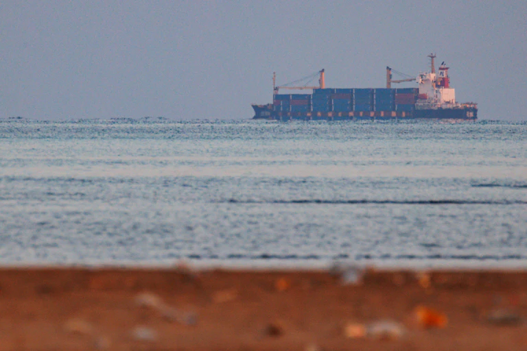 A container ship approaches the Bab-el-Mandeb strait, an important shipping channel between Yemen, Djibouti and Eritrea